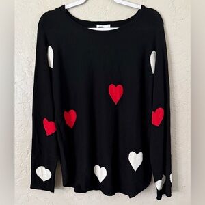 Brit NY Cashmere Blend Sweater Black With Red & White Hearts Size L READ DESCR